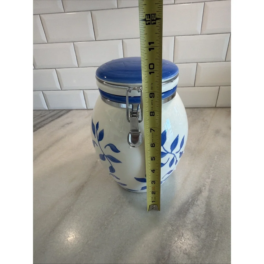 Inspirado Canister Cookie Jar White Blue Stonelite‎ Hinged Seal Lid 9.75